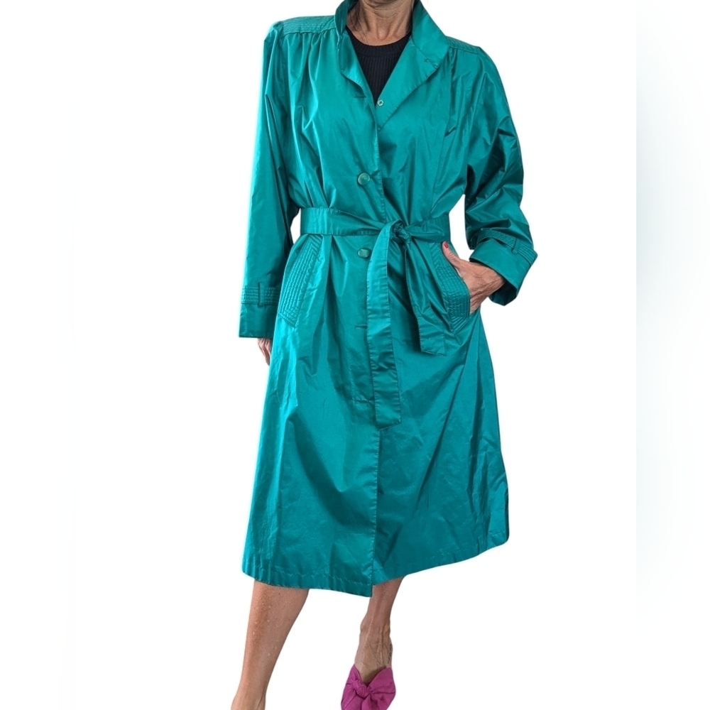 Vintage 80s 90s Teal Trench Coat Belted Raincoat Petite 8P